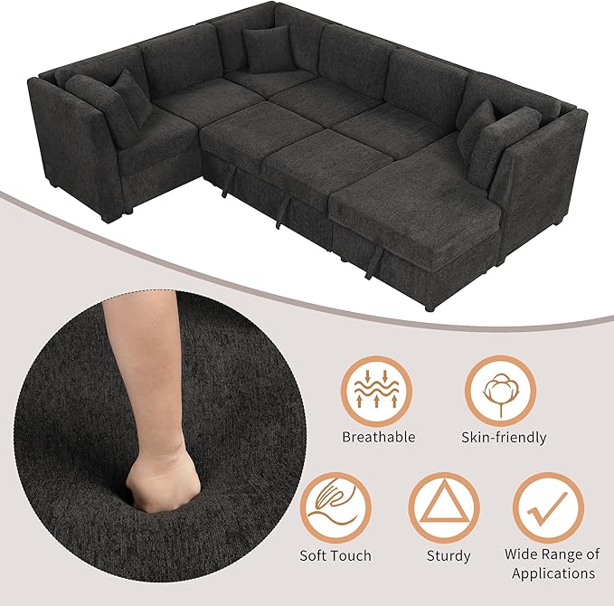 ERYE 108-Inch U-Shaped Sleeper Sectional Sofa with Pull Out Couch Bed for Living Room, Comfy Chenille Upholstered Corner Sleeper Sofabed with Storage Chaise & Power Sockets