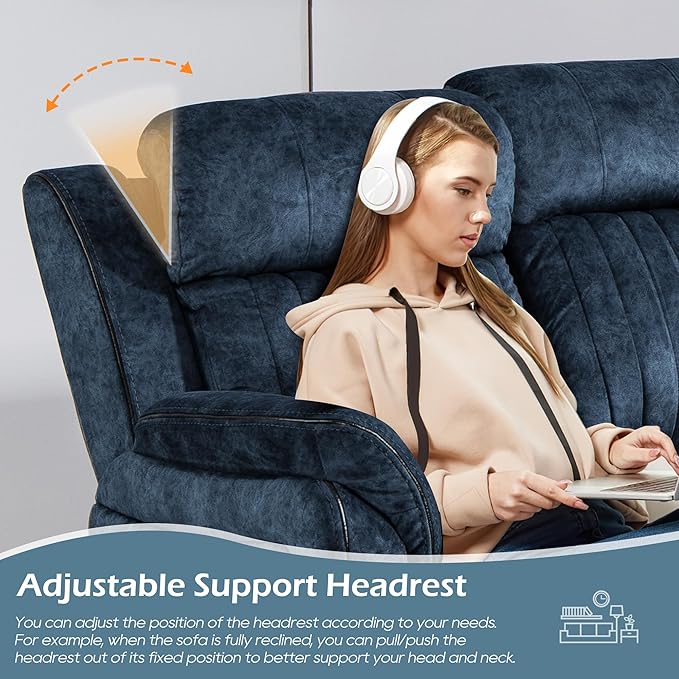 Zero Gravity Power Reclining Sofa with Adjustable Headrest, Electric Reclining Couch with Wireless Charge, Recliner Sofa 3 Seater with Drop Down Table,Cup Holder,USB Ports (Blue)