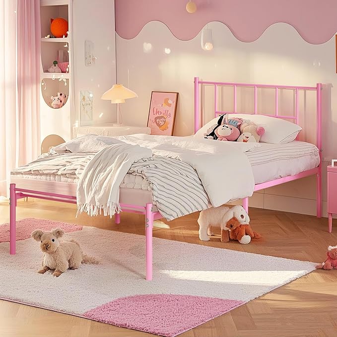 VECELO Twin Metal Platform Bed Frame with Headboard, Heavy Duty Steel Slat Support, Under Bed Storage,No Box Spring Needed, Easy Assembly