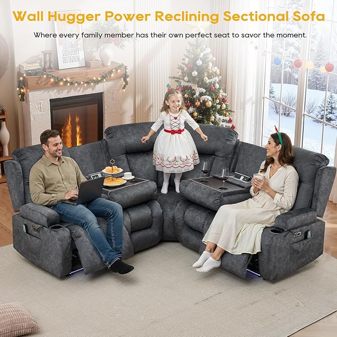 IPKIG Electric Reclining Sectional Sofa, 5-Seater L-Shaped Power Recliner Couch, Wall Hugger Reclinable Movie Seating with Flip-up Backrest, LED Lights, USB+AC Outlets (Dark Grey, 5 Seaters) | Vlvet Fabric, Zero Gravity, Dual Reclining, 2 Lumabr Pillow...