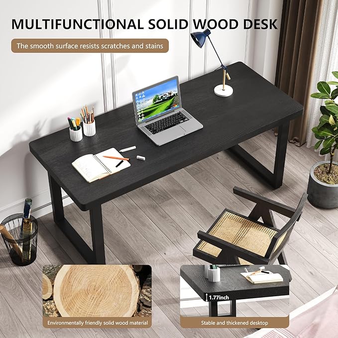 Modern Solid Wood Dining Table with Metal Base Stylish Durable Dining Room Table in Black Multiple Sizes Home Use Office Desk (Respectful Black, 47in)