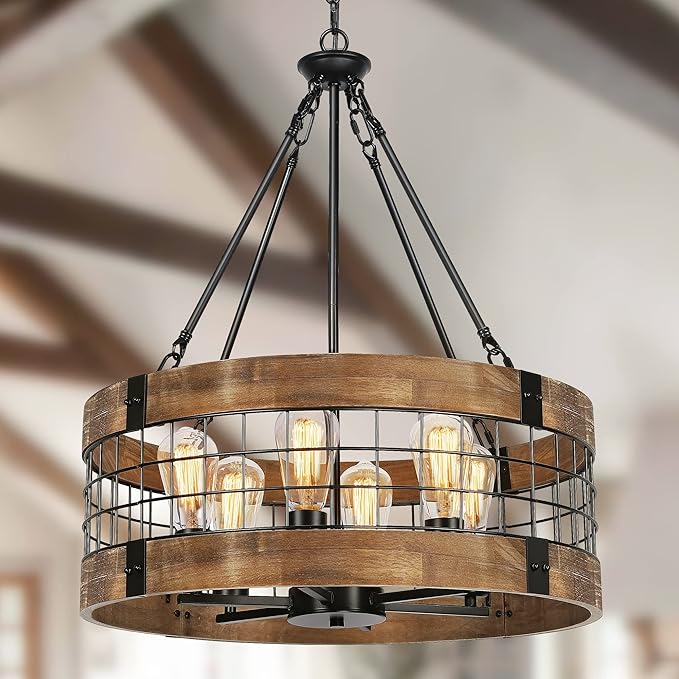 6-Light Farmhouse Wood Chandelier for Dining Room, Rustic Foyer Light Fixtures, Industrial Drum Hanging Lights for Kitchen Island Entryway, Nature Wood Texture and Black Metal Finish