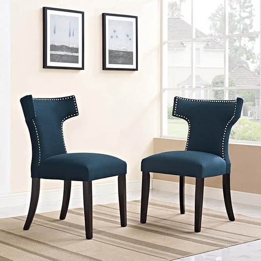 Modway Curve Mid-Century Modern Upholstered Fabric Two Dining Chair Set With Nailhead Trim In Azure