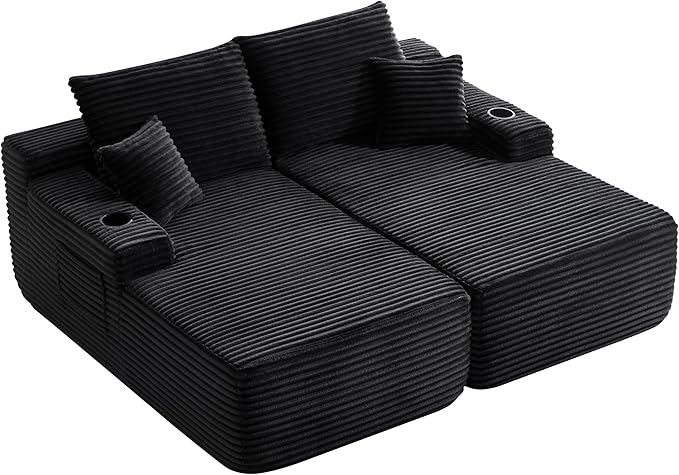 69-Inch Fluffy Corduroy Boneless Sleeper Daybed Loveseat Double Recliner Chaise Lounge Sofa Couches, Floor Cloud Sofa Chaise W/4 Pillows for Home Apartment Living Room