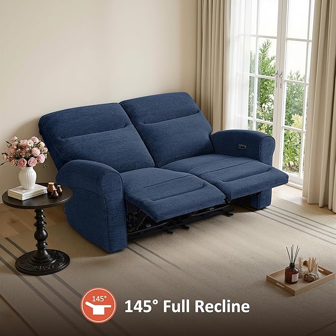 MCombo 64.6" Wall Hugger Power Loveseat Recliner Sofa with USB Ports, Reclining Loveseat for Small Spaces Living Room RV, Fabric PR635M1 (Navy Blue)