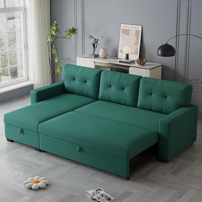 82" L-Shape Convertible Sleeper Sectional Sofa with Storage Chaise and Pull-Out Bed,Modular Corner Couch Lounge,w/Removable 3 Back Cushions and Armrest,for Home Furniture,Green