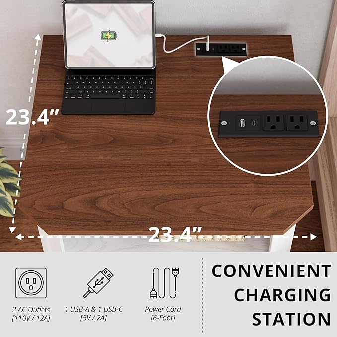 IRONCK Night Stand 23.4" Farmhouse End Table with Charging Station, Large Sofa Side Table with 2 Drawers, for Bedroom, White