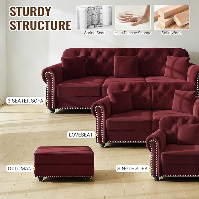 KEIKI 63" Velvet Chesterfield Sofa with Rolled Arms & Nailhead Trim & 1 Ottoman, Modern 2-Seater Button Tufted Couch with High Resilience Cushion & 2 Pillow, Easy Assembly, for Living Room, Burgundy