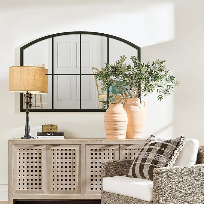 Arched Window Mirror, Matte Black Windowpane Wall Mirror, Wide Grid Decorative Mirrors, Arch Metal Frame Mirrors for Living Room, Entryway, 42" x 28"