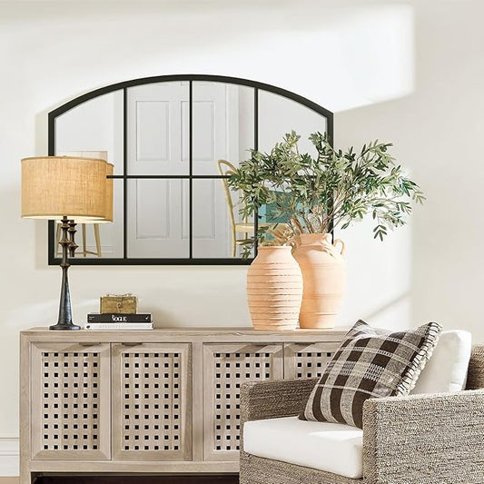 Arched Window Mirror, Matte Black Windowpane Wall Mirror, Wide Grid Decorative Mirrors, Arch Metal Frame Mirrors for Living Room, Entryway, 42" x 28"