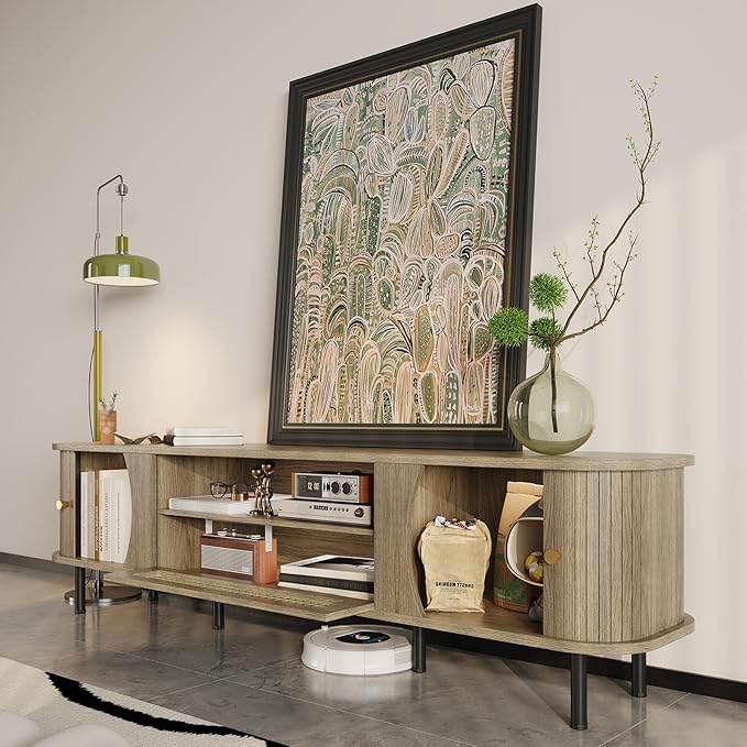 basenji 71" Fluted TV Stand with Sliding Doors & Rattan,Mid Century Modern Entertainment Center with Storage,Curved Edge Design,Media Console for TVs up to 85",TV Consoles for Living Room,Oak