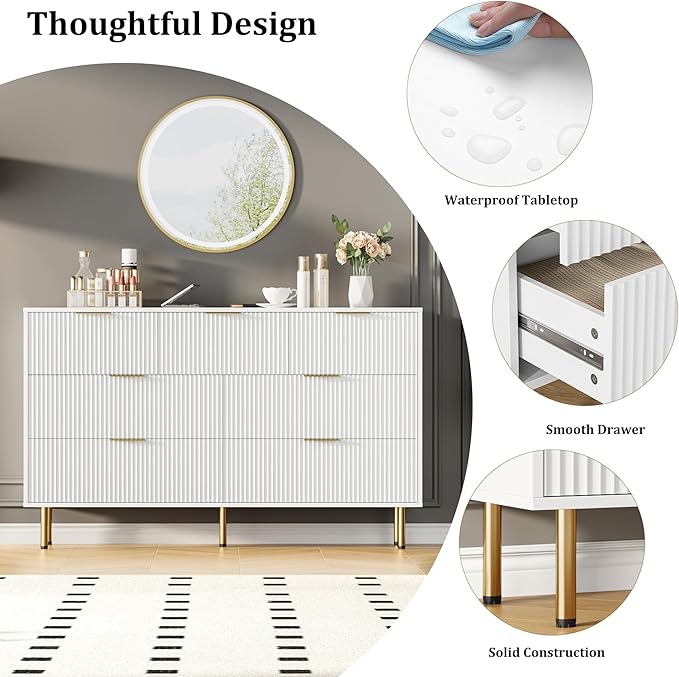 GAOMON 7 Drawer Dresser for Bedroom Chest of Drawers, 55" Wide Fluted Dresser with Drawers, Modern Wooden Double Dressers with Metal Handles for Living Room, Hallway