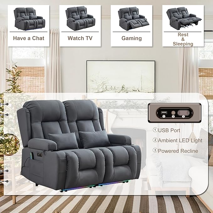 TUNYI Wall Hugger Loveseat Recliner Sofa with Console, Power Reclining Loveseat RV Couch with Massage & Heat/USB/Outlet/Storage/LED Light/Speaker (Blue, Loveseat)