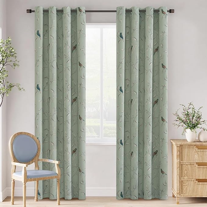 H.VERSAILTEX Blackout Curtains for Bedroom 84 Inches Length Thermal Insulated Birds Rustic Printed Curtain Drapes for Living Room Energy Efficient Room Darkening Home Decoration Pair 2 Panels, Sage