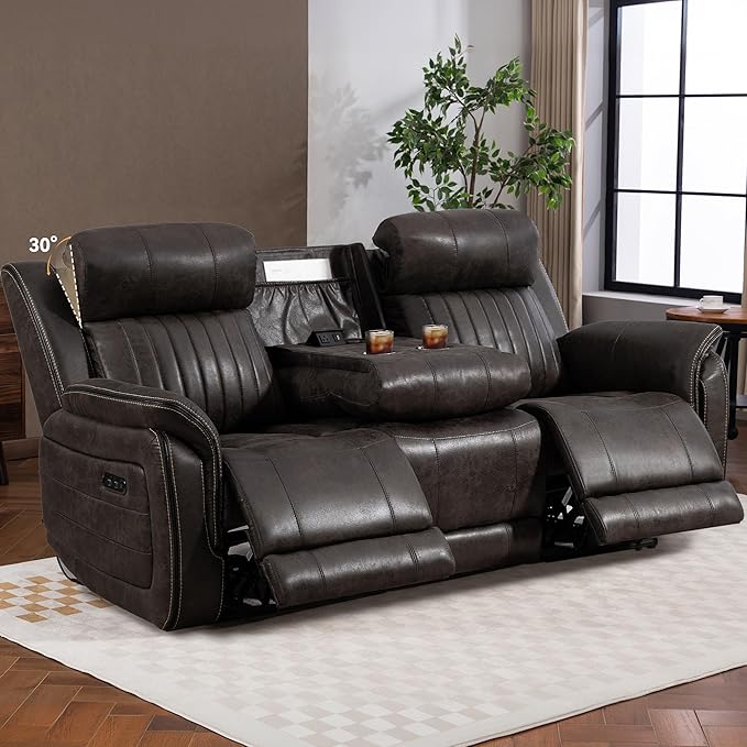Zero Gravity Power Reclining Sofa Set, 3-Seater Reclining Couch with Drop Down Table + 2-Seater Power Loveseat Recliner with Console,Living Room Furniture (Foil Fabric, Brownish Gray)