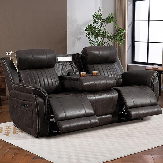 Zero Gravity Power Recliner Sofa Couch – Electric Reclining Sofa with Drop Down Table, 3 Seater Dual Reclining Couch with Adjustable Headrests for Living Room (Foil Fabric, Brownish Gray)