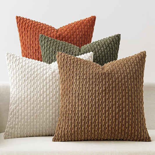 MIULEE Camel Green Decorative Throw Pillow Covers for Couch Living Room 18x18 Inch Soft Pillow Cases Set of 4 Boho Striped Corduroy Farmhouse Cushion Covers Home Decor for Sofa Bed