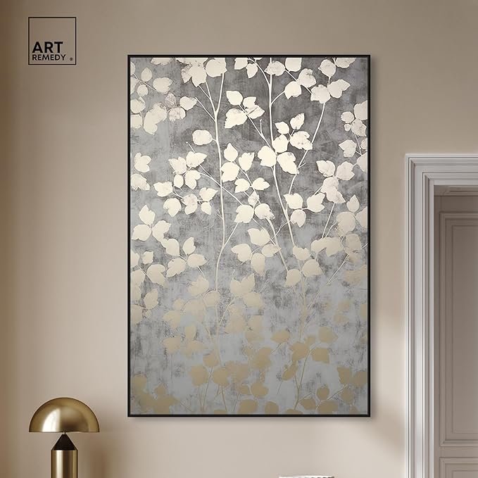 Art Remedy Silvery Gray Garden Canvas Elegant Floral Wall Art, Black Frame, 36" x 54"