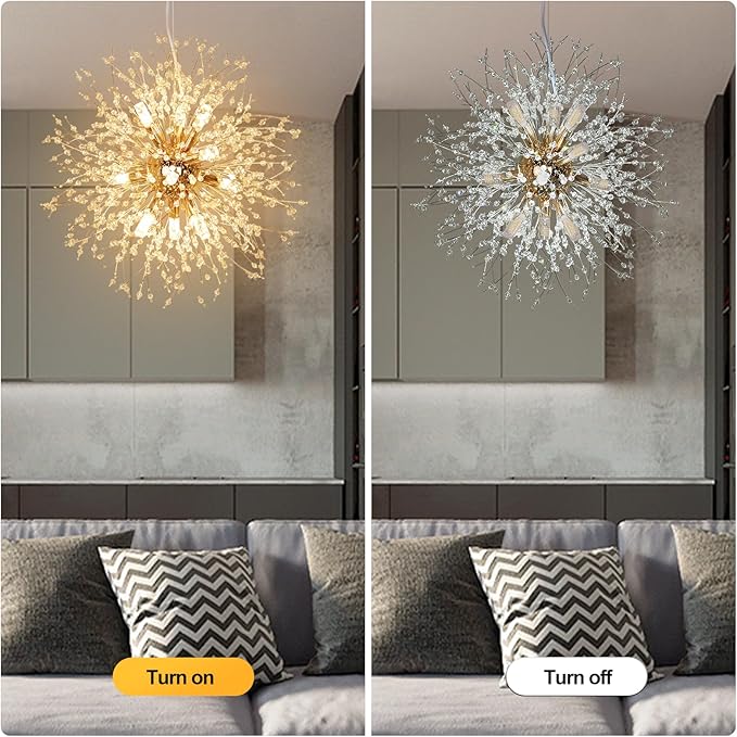 Depuley Gold Dandelion Light Fixtures, 12-Light Crystal Chandelier Lights Sparkle Pendant Light, Firework Starburst Chandelier Design for Living Room, Bedroom, Stairs, Hallway, G9 Bulb Not Included