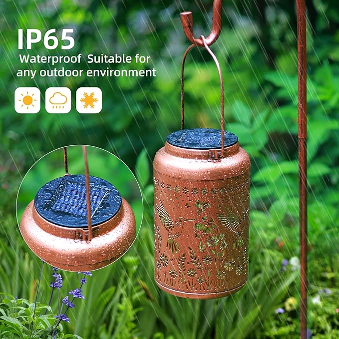 2Pack Hummingbird Solar Lanterns Outdoor Waterproof Lantern Garden Decor Gifts for Women Mom Grandma Hanging Solar Lights Metal Decoration Outside for Yard, Patio,Porch,Tabletop,Pathway
