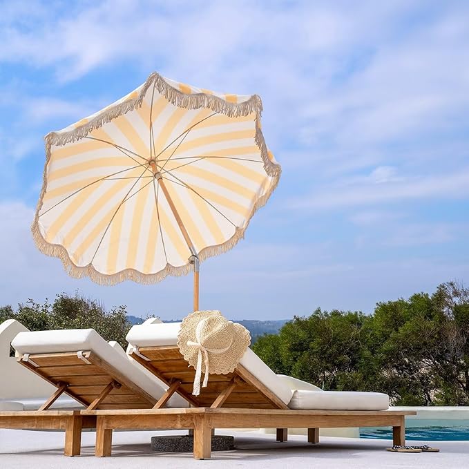 6.5ft Boho Beach Umbrella with Fringe, UPF 50+ Tassel Umbrellas with Carry Bag, Premium Wood Pole Foldable Patio Umbrella for Outdoor Holiday Garden Lawn Pool Yard Table