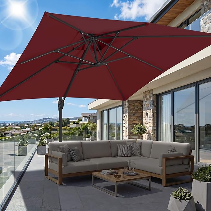 FLAME&SHADE 10 X 10 FT Cantilever Patio Umbrella - Large Offset Umbrella Outdoor Patio with 360-Degree Rotation and 3-Year Fade Resistance Fabric for Deck Pool Backyard Garden (Burgundy)