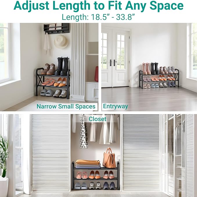 2-Tier Expandable Shoe Rack for Closet Floor, X-Frame Metal Small Shoe Rack for Entryway, Adjustable Shoe Shelf Organizer, Free Standing Shoe Racks for Front Door Entrance, Garage - Black