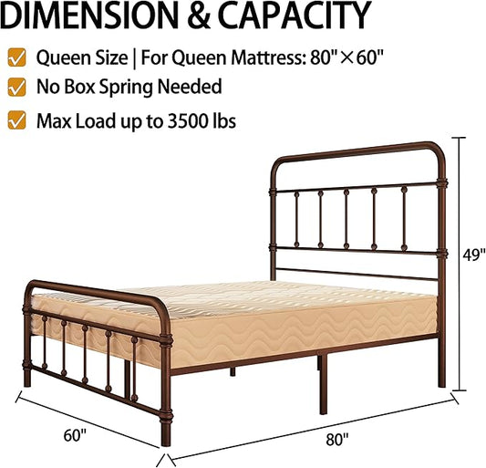 Queen-Bed-Frame with headboard Giselle-Vintage Antique-Metal - Platform Mattress Foundation,49 inch High,No Box Spring Needed(Brown)