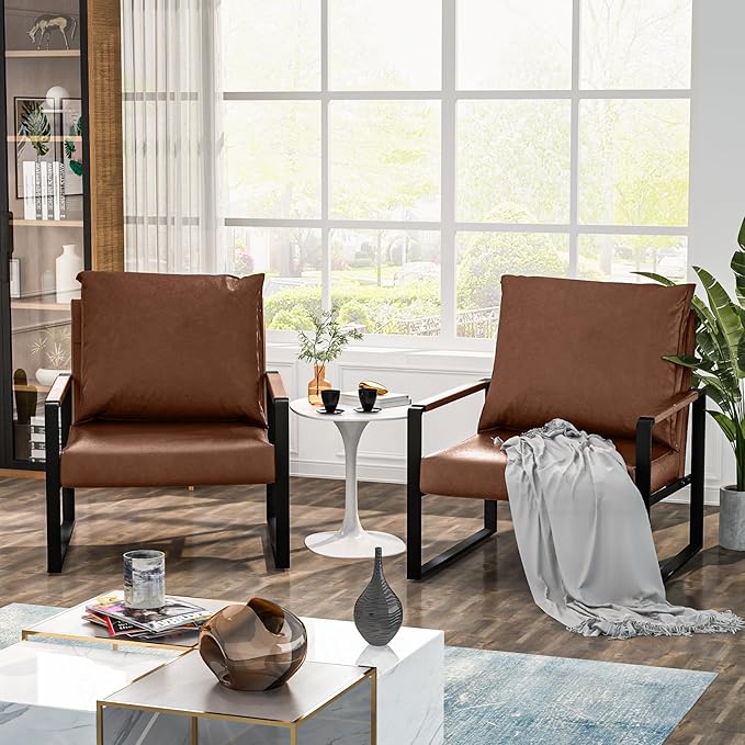 AWQM Modern PU Leather Accent Chair Arm Chair with Extra-Thick Padded Backrest and Seat Cushion Sofa Chairs for Living Room Bedroom, 105 Degree Slant Back, Non-Slip Adsorption Feet-Brown-1（Set of 1）