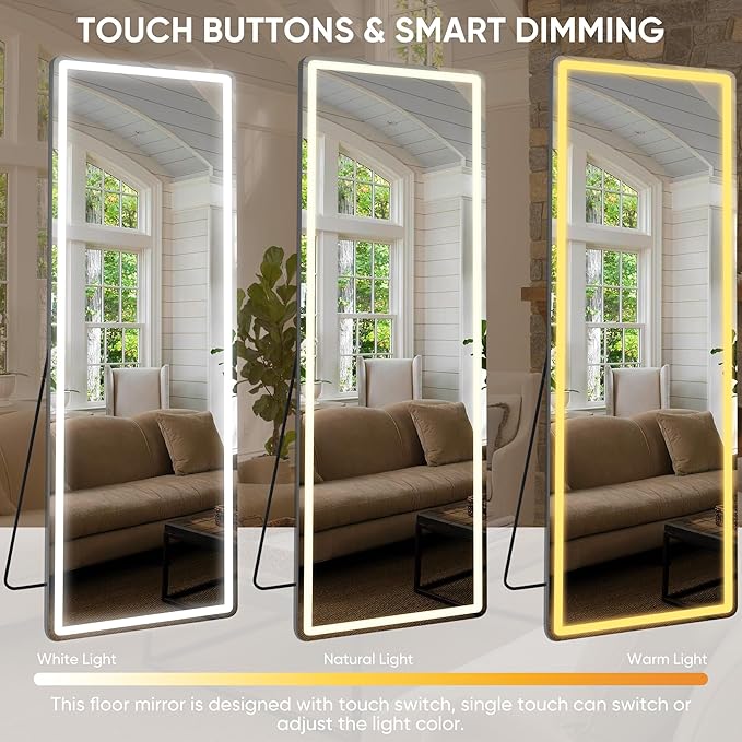 Antok LED Full Length Mirror with Light, 72"x44" Lighted Full Body Mirror with Stand, Dimmable & 3 Color Lighting Standing/Leaning/Wall Mounted Vanity Mirror for Bedroom Cloakroom Livingroom(Rect)