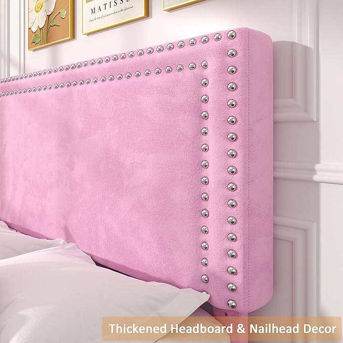 VECELO Twin Size Bed Frame with Storage Drawer, Adjustable Velvet Rivet Decor Headboard, Wooden Slats Support Platform, No Box Spring Needed, Easy Assembly