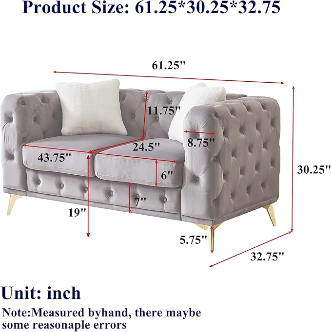 KEIKI 61" Luxury Oversized Velvet Chesterfield Sofa with 2 Pillows, Mid-Century Style 2-Seater Tufted Buttons Couch with High-Density Foam Cushions, Easy Assembly, for Apartment, Living Room, Green