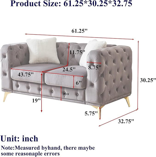 KEIKI 61" Luxury Oversized Velvet Chesterfield Sofa with 2 Pillows, Mid-Century Style 2-Seater Tufted Buttons Couch with High-Density Foam Cushions, Easy Assembly, for Apartment, Living Room, Pink