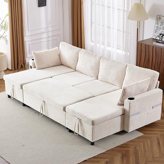 Ball & Cast 111.8" Upholstered Sectional Sleeper Sofa Bed, U Shaped Pull Out Couch with Storage Chaise,USB Ports and Two Cup Holders, for Living Room,Office, Apartment, Beige