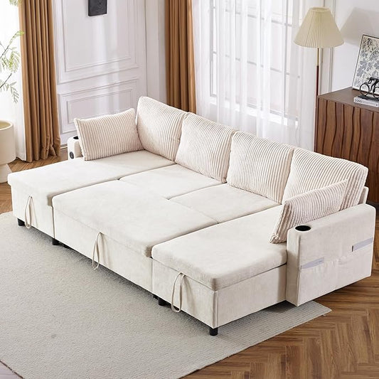 Ball & Cast 111.8" Upholstered Sectional Sleeper Sofa Bed, U Shaped Pull Out Couch with Storage Chaise,USB Ports and Two Cup Holders, for Living Room,Office, Apartment, Beige