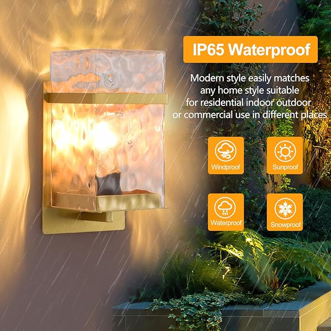 Outdoor Wall Light,Gold Exterior Waterproof Lanterns,Porch Sconces Wall Mounted Lighting with E26 Sockets & Glass Shades, for Garage,Doorway,Patio,Front Door