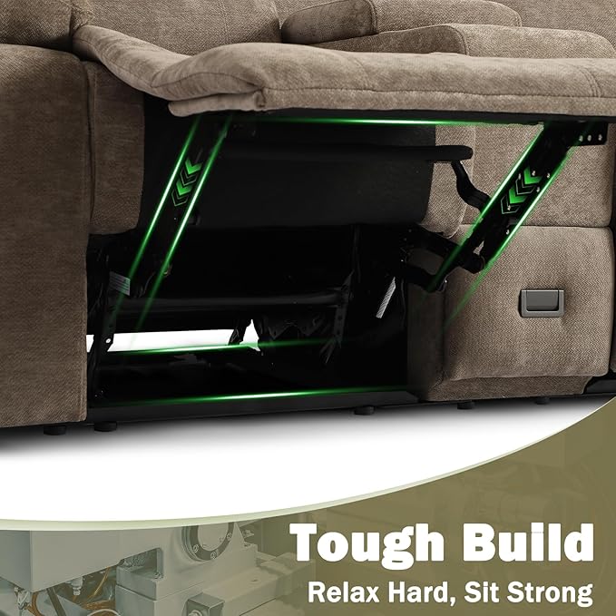 Manual Reclining Loveseat Sofa with 360°Adjustable Phone Holder, Center Console Storage with Type-C Charging & USB, Adjustable Headrest, Cupholders, Hidden Storage Drawer, Living Room (Linen Camel)