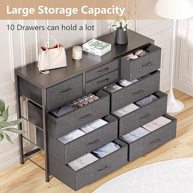 GAOMON 10 Drawers Fabric Dressers for Bedroom, Modern Chest of Drawers, Lightweight Entertainment Center with Fabric Bins for Living Room, Hallway, 45" Wide TV Stand Dressers, Wood Top (Black_1)