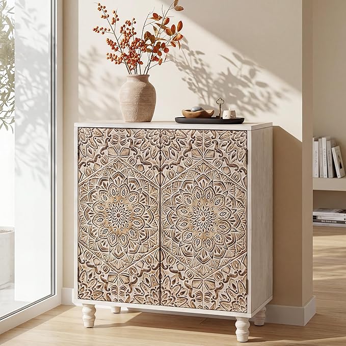 COSIEST Set of 3 32" Buffet Sideboard Cabinets with Vintage Firework Carved Pinewood Doors, Push-to-Open Storage Accent Cabinets, Gray