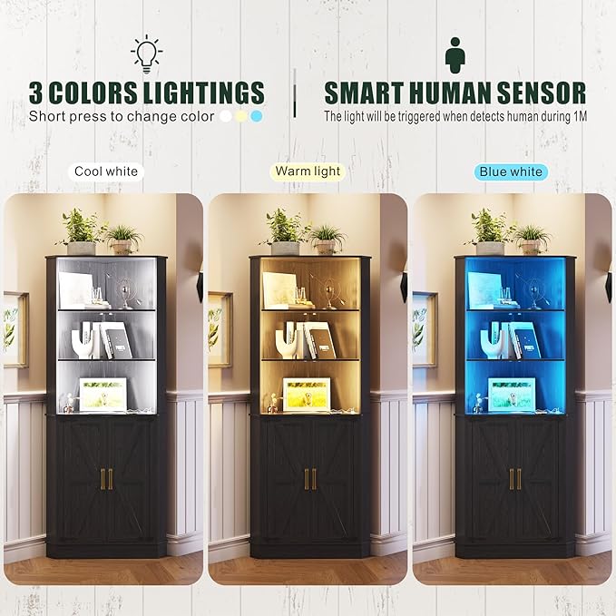 Farmhouse Corner Cabinet with LED Light, 67" Tall Bathroom Cabinet with 2 Doors and 3 Tier Shelves, Free Standing Corner Storage Cabinet for Living Room or Kitchen, Black