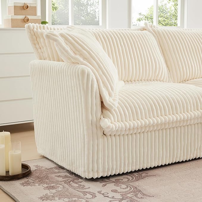 KEIKI 120" Corduroy Sectional Sofa with Big Pillows, White 3 Seat Sleeper Cloud Couch Set, Comfy Upholstered Modular SofaBed for Apartment Living Room, Cream