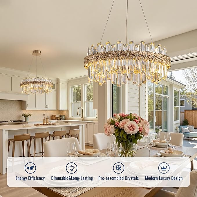 Gold Crystal Chandeliers for Dining Room,24" Luxury K9 Raindrop Crystal Chandelier,Adjustable Brushed LED Pendant Ceiling Light Fixture with Leaf-Edge for Dining Living Room Foyer Entryway