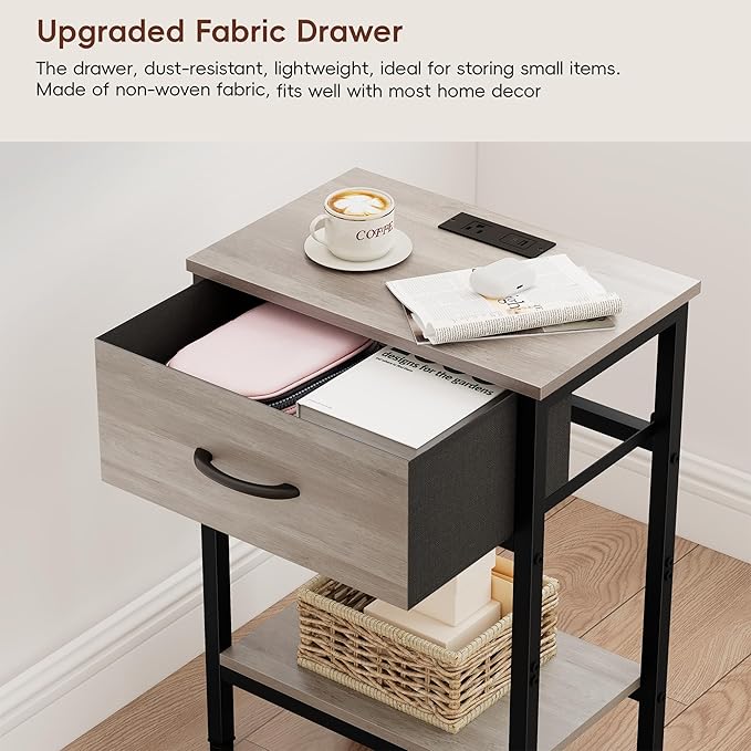 Vagusicc Nightstand with Charging Station, End Table with Fabric Drawer, Small Side Table with 2-Tier Storage Shelves, 25.4" Tall Night Stand, Bedside Table for Bedroom, Living Room, Dorm, Greige