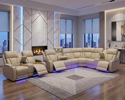 Power Recliner Sectional Sofa with LED, Breathing Leather Reclining Sectional Couch, L Shaped Couch with Dual Recliners, USB Port, Cup Holder&Storage (Beige, Sectional+Loveseat(8 Seats))
