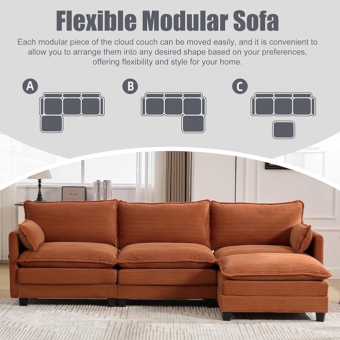103" Oversized Modular Sectional Sofa Couch with Reversible Ottoman, Free Combination Convertible Corner Couch,Corduroy Upholstered Cloud Sectional Couch with Side Pockets | Multiple Cushions, DIY Combination, Removable Cover
