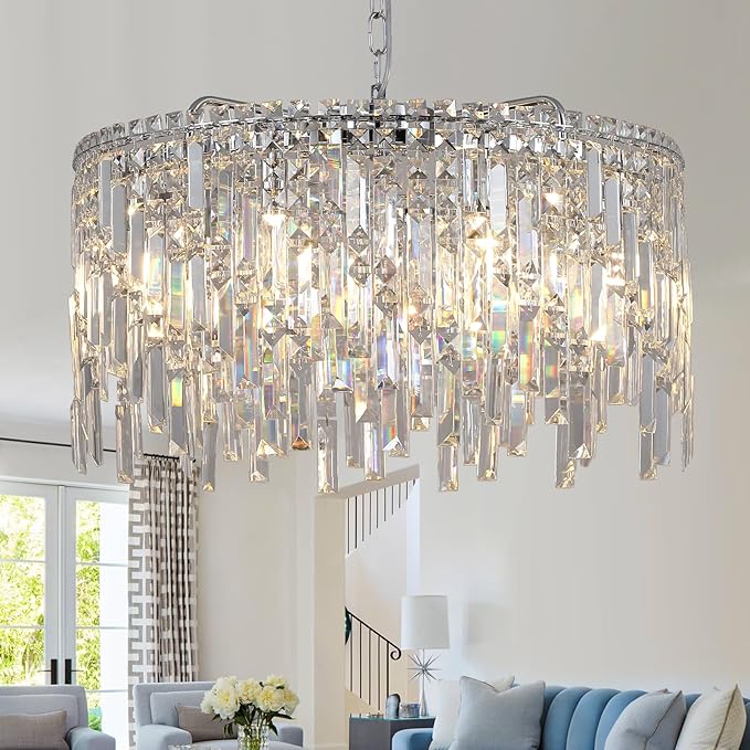 Crystal Chandelier, 24" Modern Round Chandelier for Dining Room, K9 Large 8-Light Crystal Pendant Fixtures Raindrop Luxury Pendant Ceiling Light Chrome for Entryway Foyer Staircase