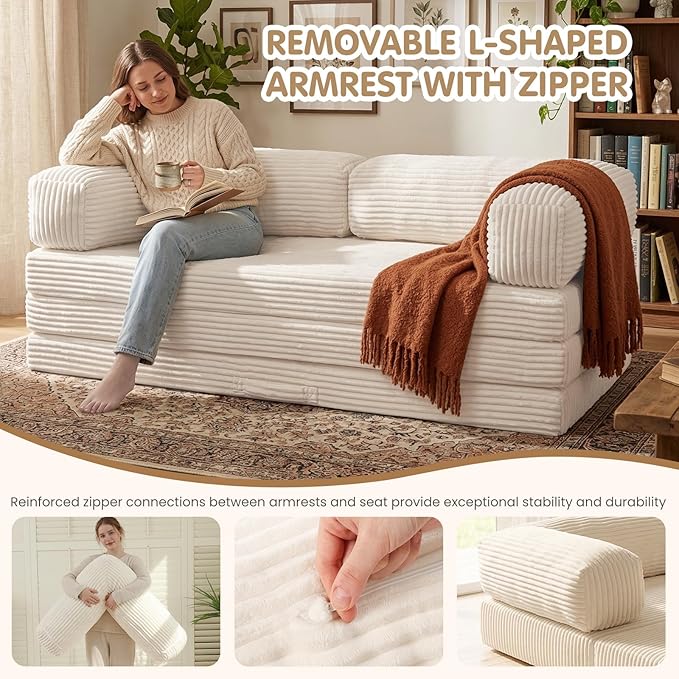 JUIKURY Folding Sofa Bed, Convertible Sleeper Chair with Pilow Foldable Matress, 2 in 1 Pull Out Loveseat Sofa Portable Fold Out Chair Bed Floor Couch Lounge for Living Room (Beige, Queen-82"L x 60"W)