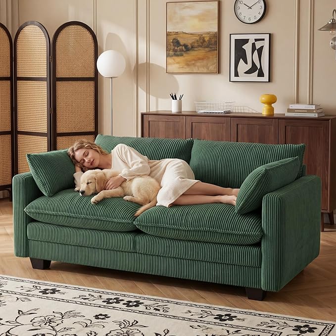 Gizoon 75” Small Cloud Loveseat Couches for Living Room, 2 Seater Love Seat Sofa with Comfy Deep Seat, Small Washable Couches with Removable Corduroy Cover for Apartment, Green