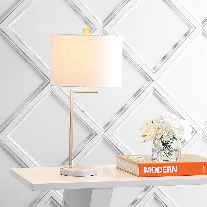 JONATHAN Y 24.5" Brass Gold/White Marble Modern Table Lamp for Bedroom, Linear Desk Lamp for Living Room Office, White Linen Drum Shade, Pull Chain, LED Bulb Included JYL1043A