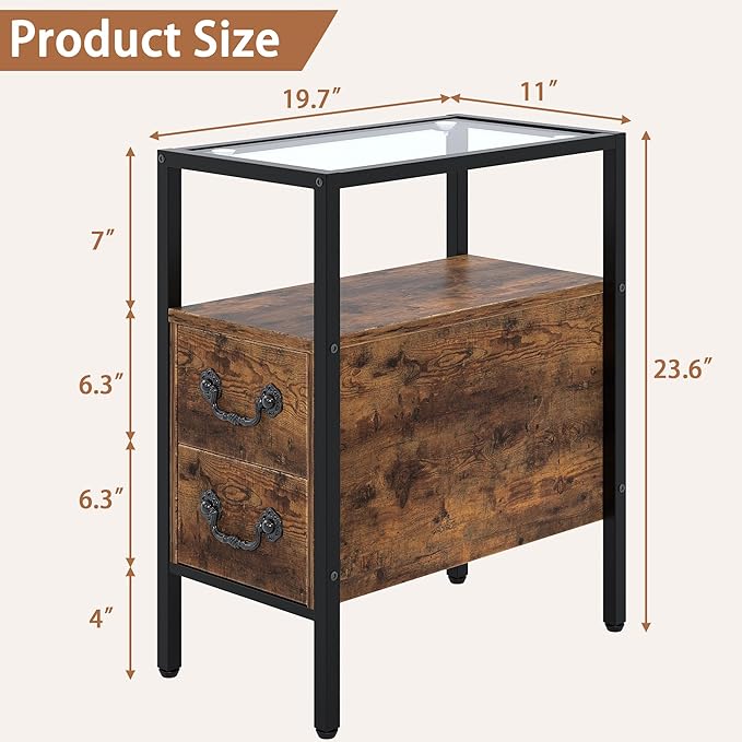 VECELO Narrow Side Table, Night Stand Sofa Table with Glass Top,Bedside End Tables with Storage Drawers,Wood Nightstand for Small Spaces Living Room Bedroom,Brown